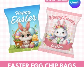 Feliz Pascua Chip Bolsa Treasure Hunt Sorteos Favores de fiesta, Huevo de Pascua Bolsa de chip personalizada, Plantilla de bolsas de chip de Pascua, Plantilla Canva, Pascua