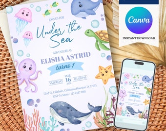 Bajo la invitación de cumpleaños del mar, invitación a la fiesta de cumpleaños de los niños de los animales del océano, invitación imprimible, plantilla editable de la tortuga del pulpo de la ballena