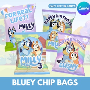 Bluey Editable Chip Bag Party Favor, Canva Template, Blue Party Printables, Cute Dogs Chip Bags, Girl and Boy Chip Bags, Canva Template