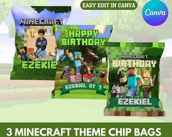 Minecraft Chip Bags | Editable Minecraft Theme Chip Bags | Canva Template | Minecraft Party Favor Chip Bags | Party Favor | Minecraft Party