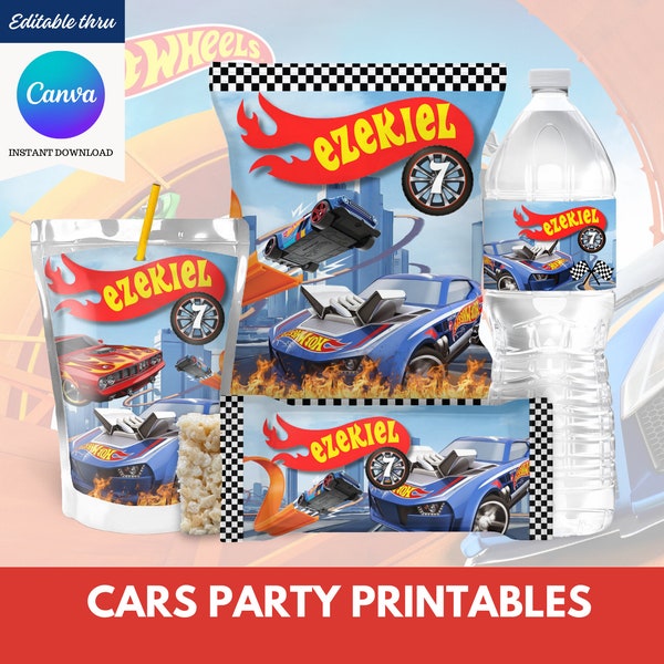 Customizable Race Cars Chip Bag Labels, Race Cars Party Treats, Hot-Wheels Party Printables, Chip Bags - Printable labels - Canva Template