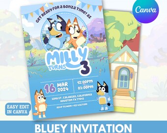 Bluey Dog Birthday Invitation Canva Template, Dog Editable Kids Party Invite Printable, Canva Template, boy Birthday Party, Digital Invites