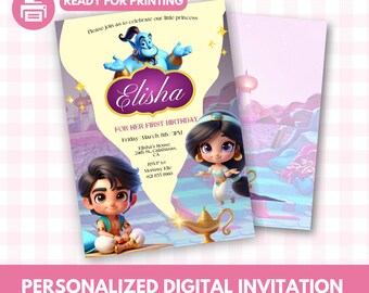 Invitación de la princesa Jasmine, invitación de cumpleaños de la princesa Jasmine, invitación de Aladdin, 1er cumpleaños de Jasmine, fiesta real, invitación digital