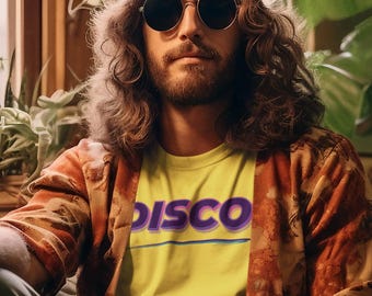 May include: A person wearing a yellow t-shirt with the word "DISCO" in purple and blue, paired with olive green pants and a patterned jacket. They are wearing a knit cap and sunglasses, seated in a room with plants.