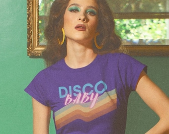 Disco Baby Boutique: Groovy Vintage Finds and Funky Fashion with Stylish T-Shirt. Boho-Inspired T-Shirt, Vintage Print, 70s Fashion