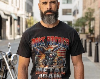 Make America Metal Again Biker T-Shirt, Motorcycle Rider Tee, Patriotic Rock Shirt, Gift for Biker Dad, Heavy Metal Rider Shirt