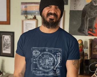 Turntable Blueprint T-Shirt, Vinyl Collector Tee, Analog Sound Audiophile Gift, Classic Record Player Schematic Shirt