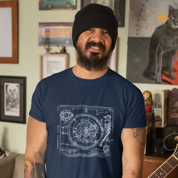 Plattenspieler Blueprint Schemata Musik Liebhaber T-Shirt - Klassisches Plattenspieler T-Shirt für Musik Aficionados. Plattenspieler Shirt, Plattenspieler Shirt