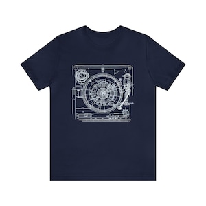 Camiseta con diseño de tocadiscos, camiseta para coleccionistas de vinilos, regalo para audiófilos del sonido analógico, camiseta con esquema de tocadiscos clásico. Navy