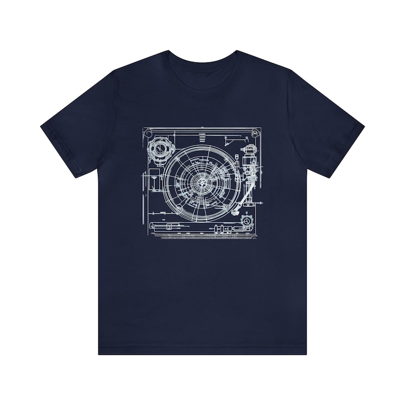Camiseta con diseño de tocadiscos, camiseta para coleccionistas de vinilos, regalo para audiófilos del sonido analógico, camiseta con esquema de tocadiscos clásico. Navy