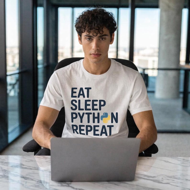 May include: White t-shirt with the text "EAT SLEEP PYTHON REPEAT" in navy blue and yellow. The person is sitting in front of a laptop. The shirt is a short-sleeved crew neck.