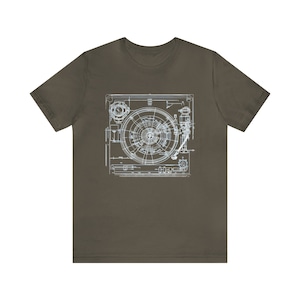 Camiseta con diseño de tocadiscos, camiseta para coleccionistas de vinilos, regalo para audiófilos del sonido analógico, camiseta con esquema de tocadiscos clásico. Army