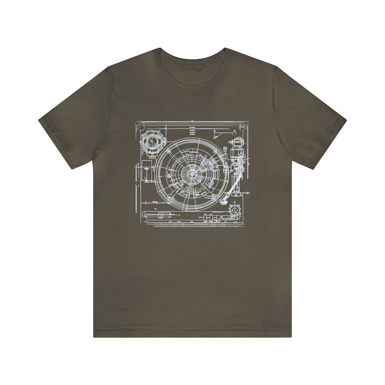 Camiseta con diseño de tocadiscos, camiseta para coleccionistas de vinilos, regalo para audiófilos del sonido analógico, camiseta con esquema de tocadiscos clásico. Army