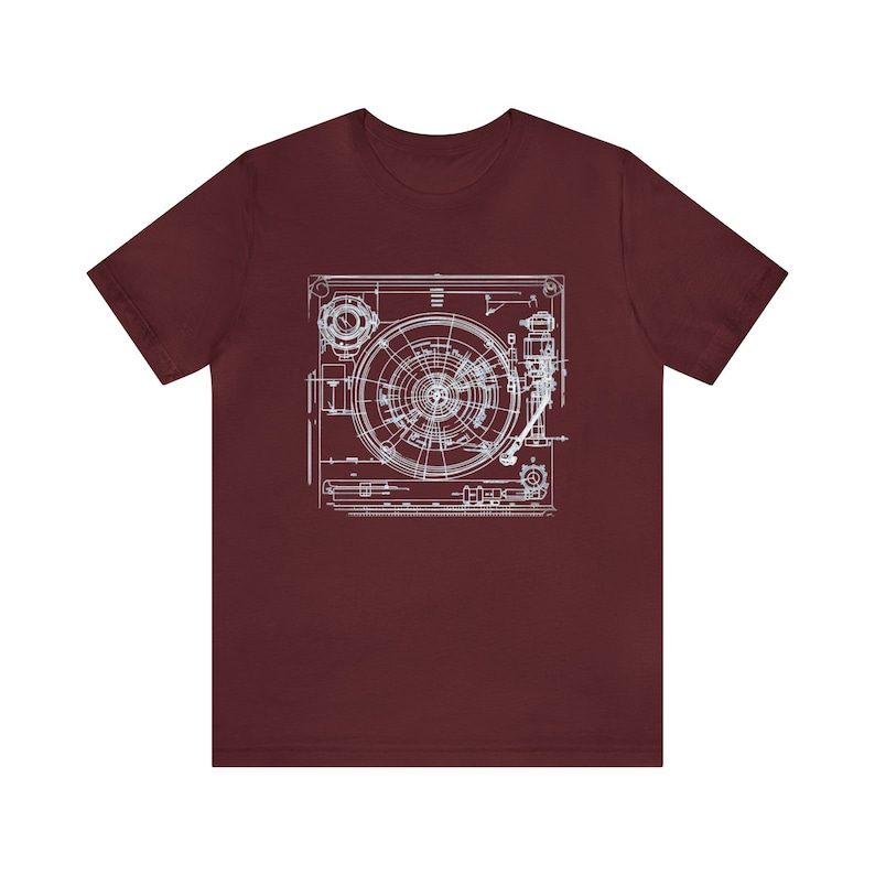 Camiseta con diseño de tocadiscos, camiseta para coleccionistas de vinilos, regalo para audiófilos del sonido analógico, camiseta con esquema de tocadiscos clásico. Maroon
