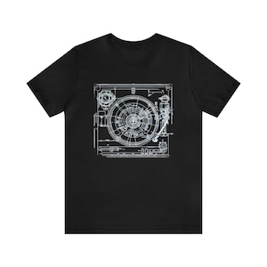 Camiseta con diseño de tocadiscos, camiseta para coleccionistas de vinilos, regalo para audiófilos del sonido analógico, camiseta con esquema de tocadiscos clásico. Black