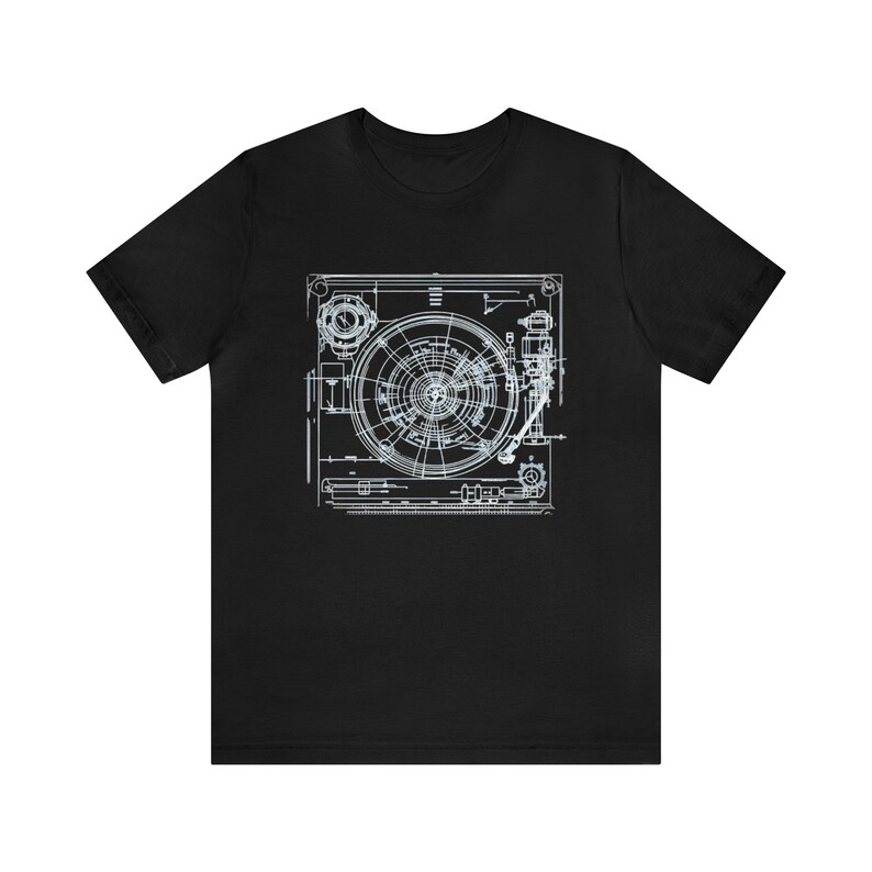 Camiseta con diseño de tocadiscos, camiseta para coleccionistas de vinilos, regalo para audiófilos del sonido analógico, camiseta con esquema de tocadiscos clásico. Black