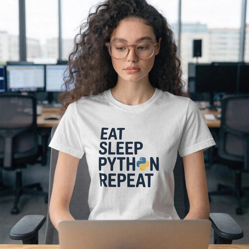 May include: White t-shirt with the text "EAT SLEEP PYTHON REPEAT" in navy blue, with a yellow and blue Python logo. The shirt is being worn by a person in an office setting.