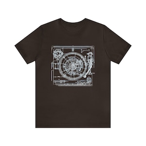Camiseta con diseño de tocadiscos, camiseta para coleccionistas de vinilos, regalo para audiófilos del sonido analógico, camiseta con esquema de tocadiscos clásico. Brown