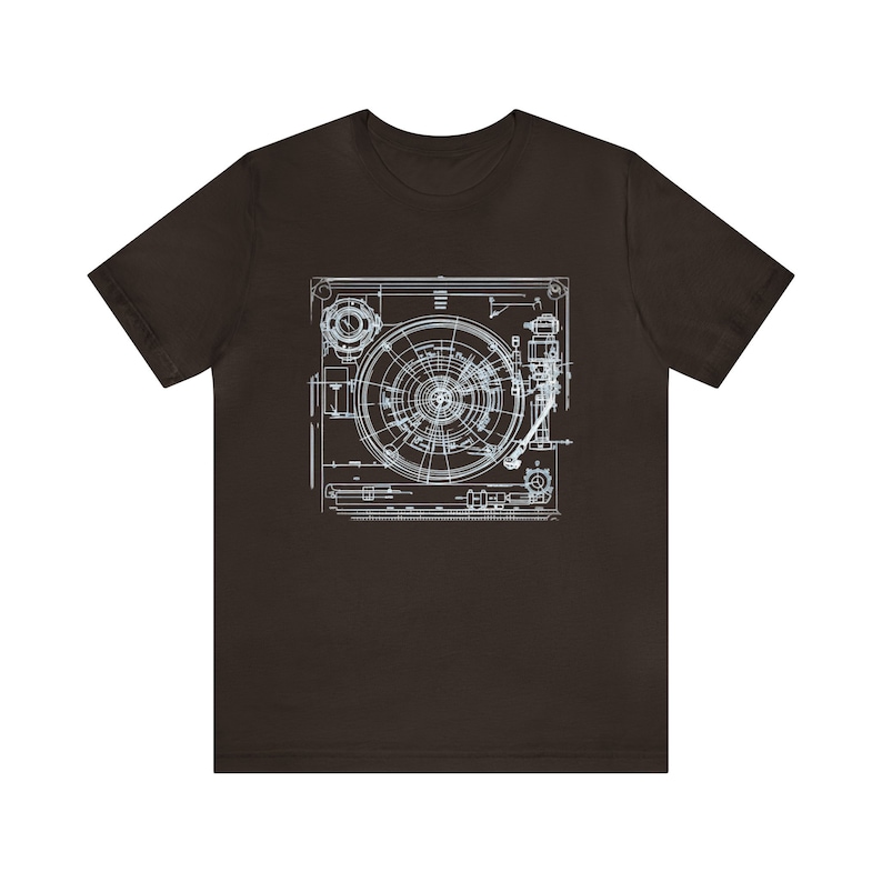 Camiseta con diseño de tocadiscos, camiseta para coleccionistas de vinilos, regalo para audiófilos del sonido analógico, camiseta con esquema de tocadiscos clásico. Brown