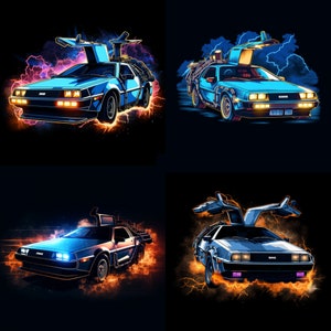 Stylized 1981 DMC Delorean Back Future BTTF Time Stainless Silver Lightning Fire Machine 4 Pack, HiRes PNG ClipArt