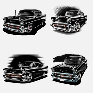 Stilisierte Jet Black Custom 1957 Klassiker/Vintage Chevy 2 Tür Coupé V8 Muscle Street Car 4er Pack, HiRes PNG ClipArt