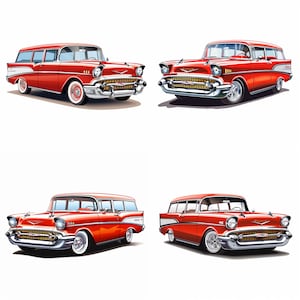 Estilizado rojo cereza personalizado 1957 clásico / vintage Chevy Nomad 2 puertas Wagon V8 Muscle Street Car 4 paquete, contrata PNG Clipart