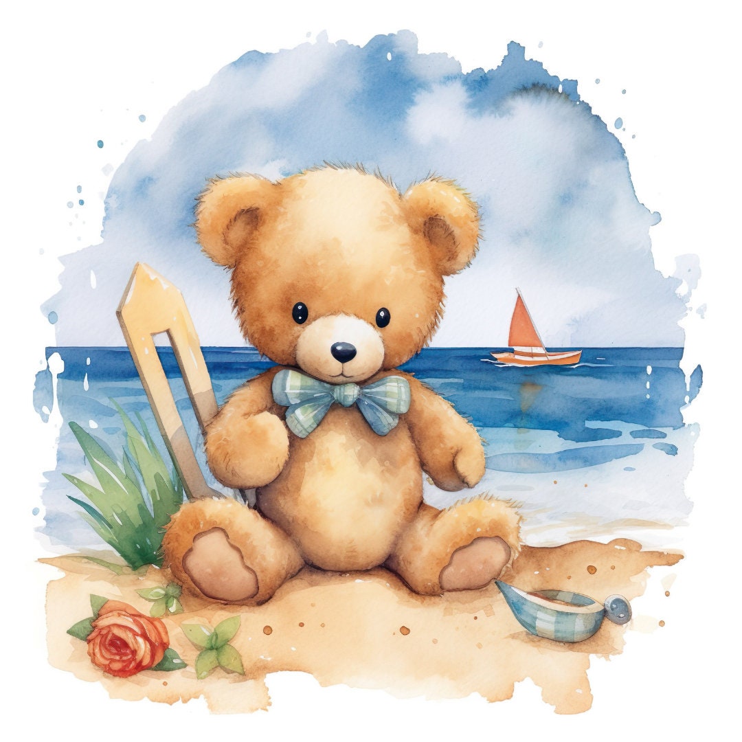 Watercolor Teddy Bear at Beach Clipart Instant Download PNG Digital