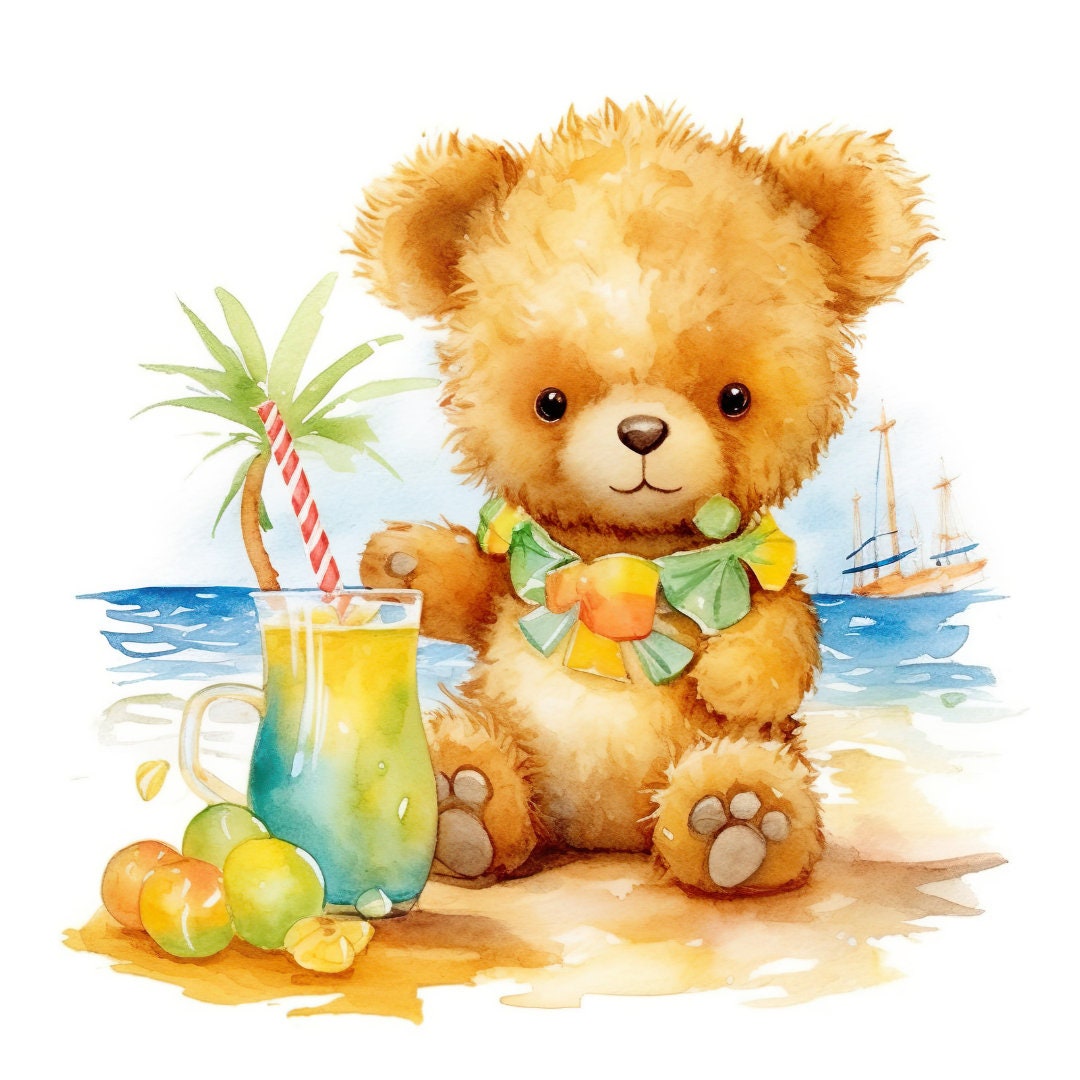 Watercolor Teddy Bear at Beach Clipart Instant Download PNG Digital