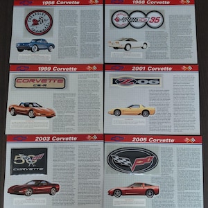 May include: A collection of six informational sheets detailing Chevrolet Corvette models from 1956, 1988, 1999, 2001, 2003, and 2005. Each sheet features a specific car emblem, a photograph of the corresponding vehicle, and descriptive text about the model.