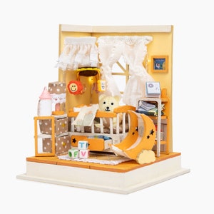 DIY Miniature Wooden Nursery Dollhouse House Kit w/Instructions, Nursery Accessories, & LED Lights | 1:24 Scale  |  DIY Craft  | Wooden Kit