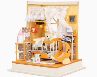 DIY Miniature Wooden Nursery Dollhouse House Kit w/Instructions, Nursery Accessories, & LED Lights | 1:24 Scale  |  DIY Craft  | Wooden Kit