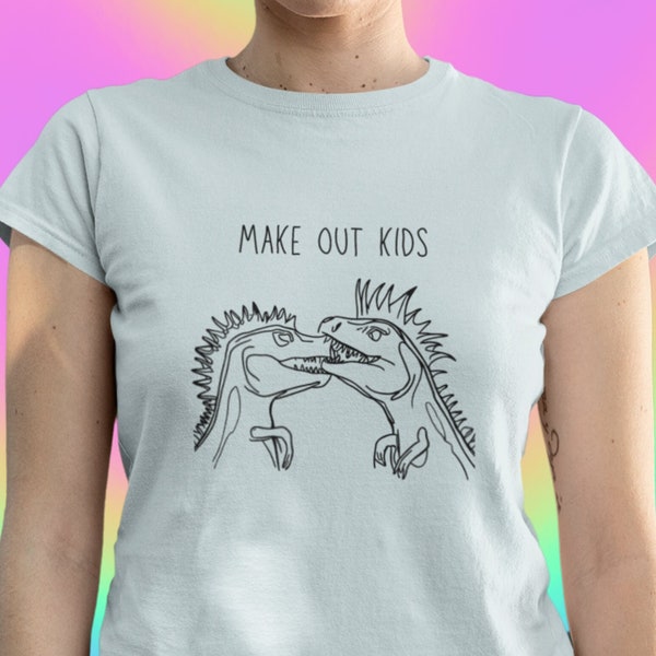 Motion City Soundtrack 'Make Out Kids' Unisex Tee, Various Colors, Pop-Punk Emo Alt Rock Fan, Unique Dinosaur Kiss Graphic Design