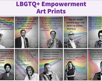 Puede incluir: Un collage de ocho carteles coloridos con citas de activistas y celebridades LGBTQ+. Cada cartel tiene un fondo de arcoíris y presenta a una persona diferente con una cita sobre la igualdad, la visibilidad y la aceptación. Los carteles se titulan "LBGTQ+ Empowerment Art Prints".