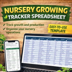May include: A digital download advertisement for a nursery growing tracker spreadsheet. The image shows a laptop and smartphone displaying the spreadsheet, along with small potted plants. Text includes "Nursery Growing Tracker Spreadsheet", "Digital Download", and "Instant Access!"
