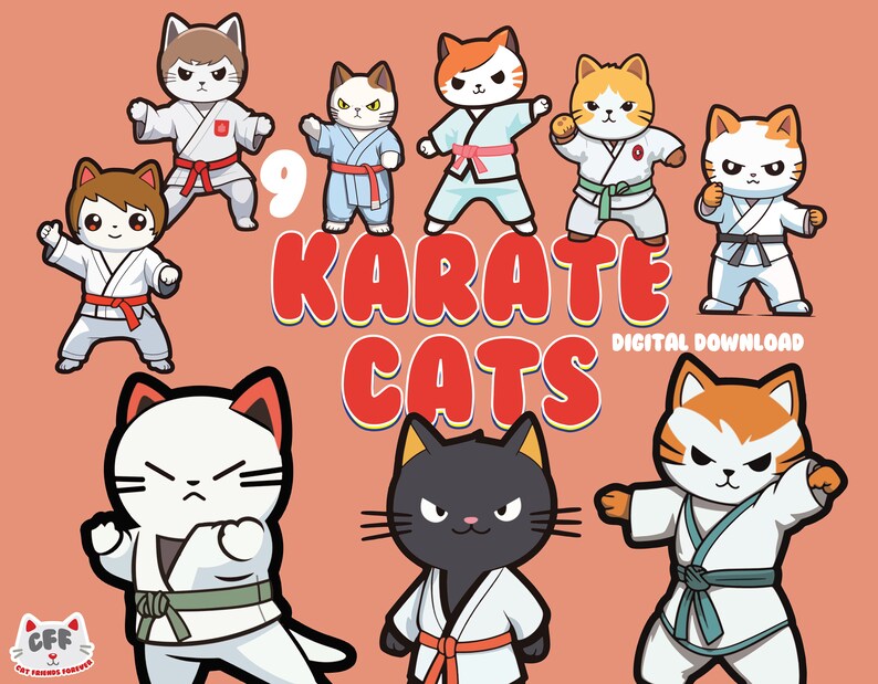 KARATE CATS Clipart Karate Cats Clip Art Crazy Cats Printable Stickers Planner Supplies Digital ...
