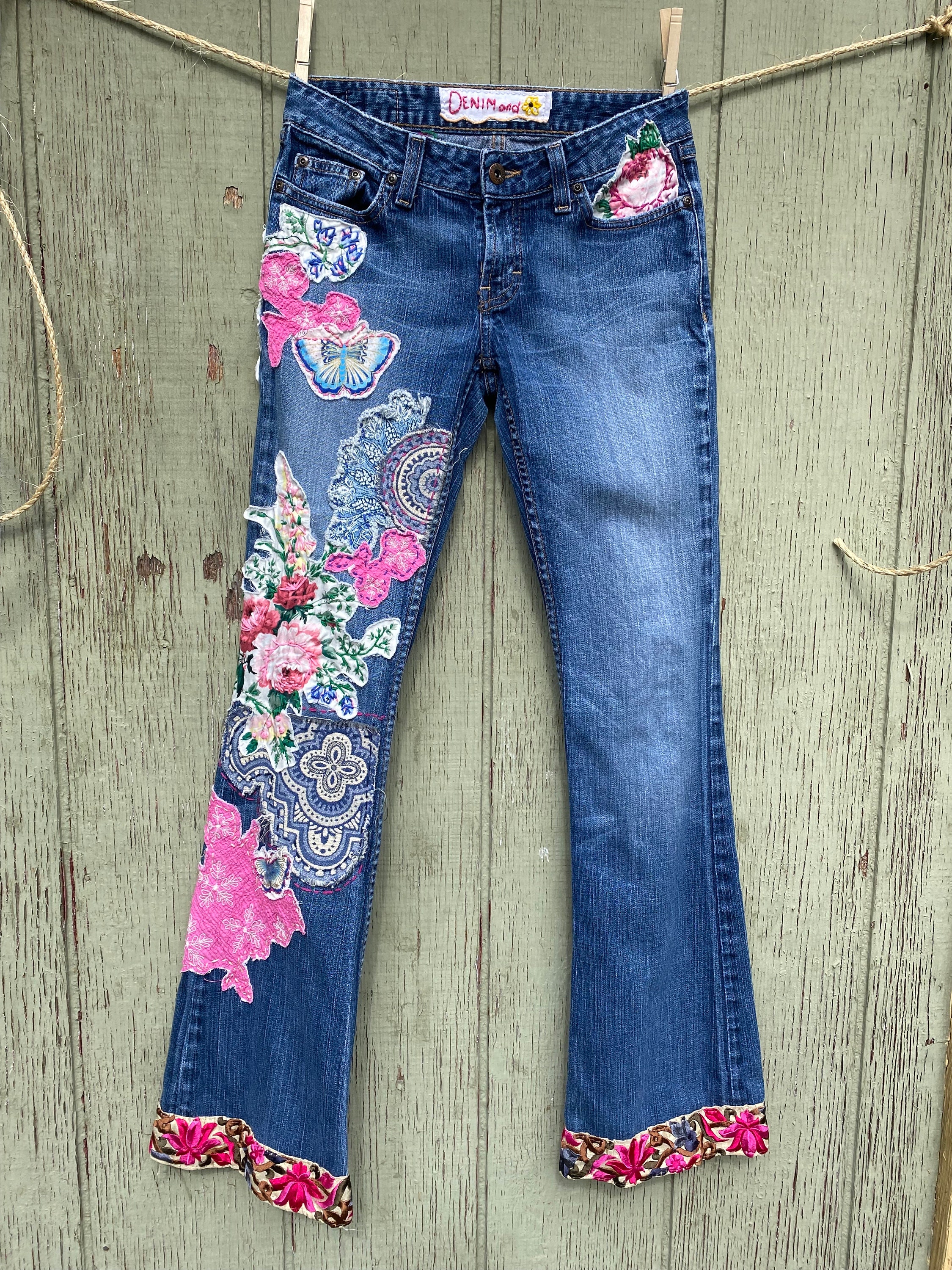 Womens Embroidered Jeans Etsy