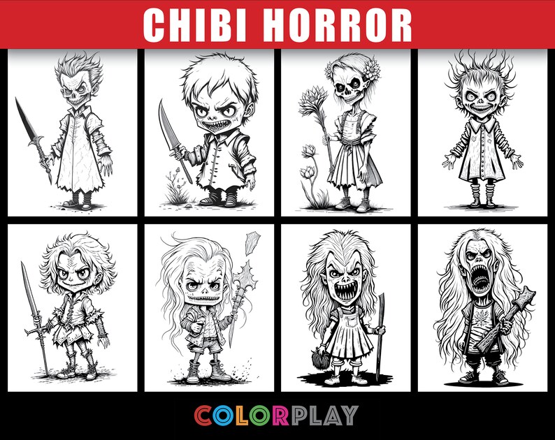 35 Chibi Horror Coloring Pages Printable: Spooky Horror - Etsy