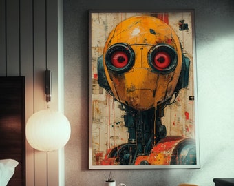 Cyberpunk Robot Art Print | Red Eye Droid | Futuristic CGSociety | Automatistes-Inspired | Sci-Fi Painting |