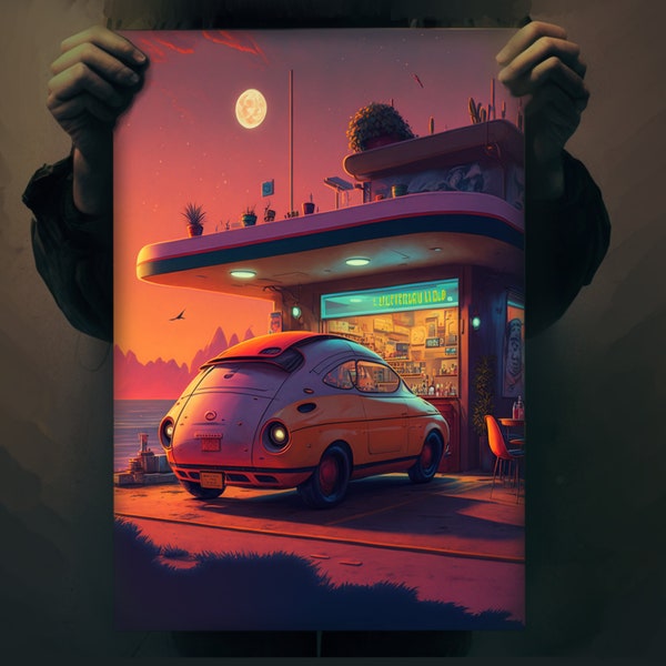 Retrofuturistic Nighttime Diner and Car Illustration | Detailed Wall Art Poster | Simon Stålenhag Inspired Color Scheme