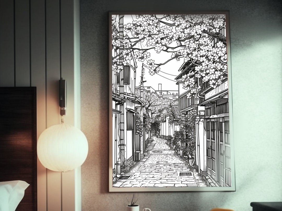 Anime City Street Poster Lineart Design Black & White Art Inspired by ...