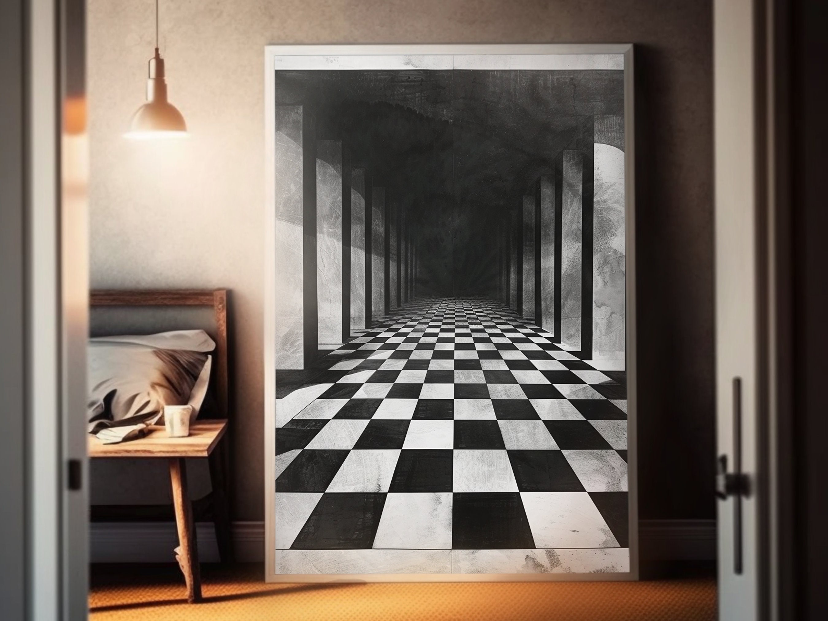 Abstract Chess Art Poster Black & White Checkered Floor Matte Painting ...