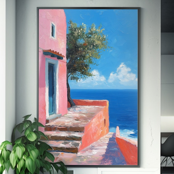 Blush Shoreline Structure | Oil Painting | Seaside Art | En Plein Air | Vibrant Color Depth | Glossy Canvas | Wall Art
