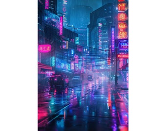 Cyberpunk Neon Rain | Retrofuturistic City Street Art | Futuristic Urban Landscape | Sci-Fi Poster | Surreal Art | Neon Artwork