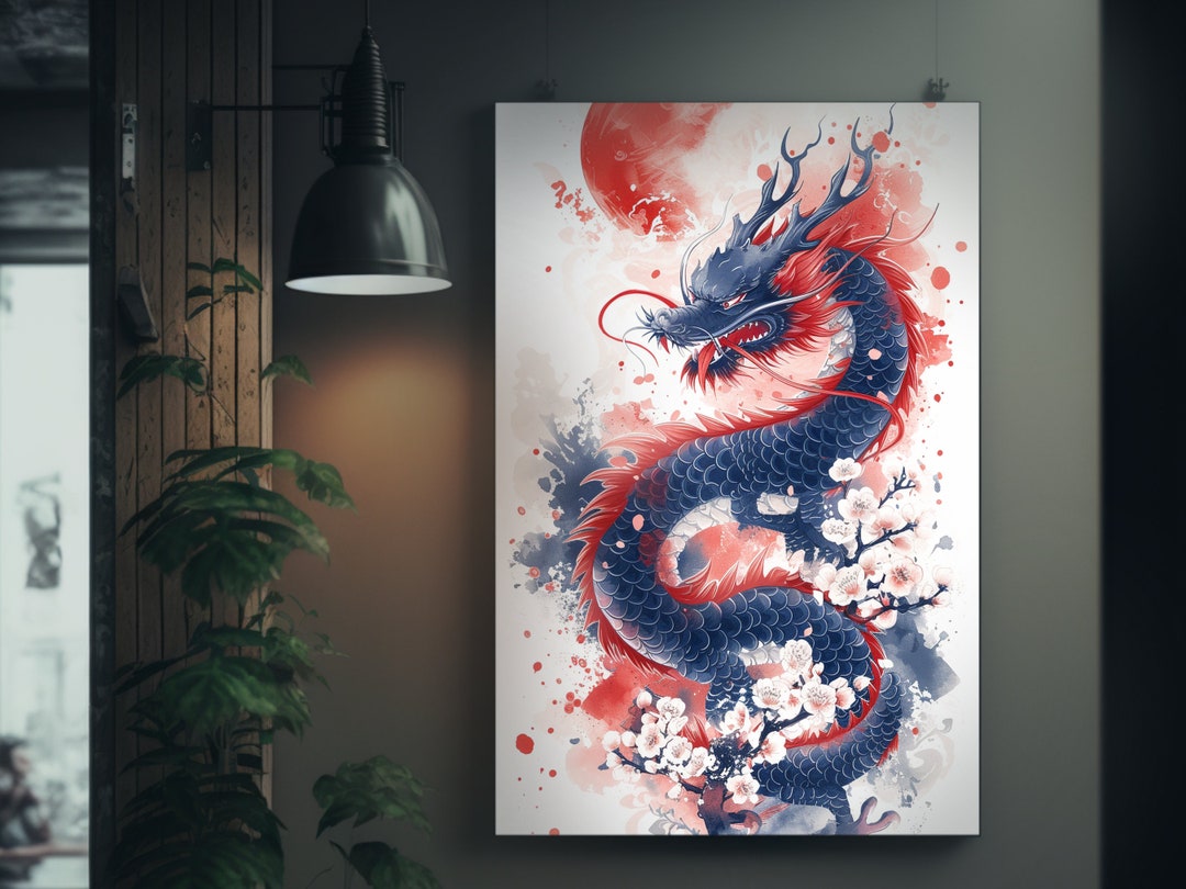 Watercolor Dragon Poster Full Moon Silk Print Cloisonné Style Art ...