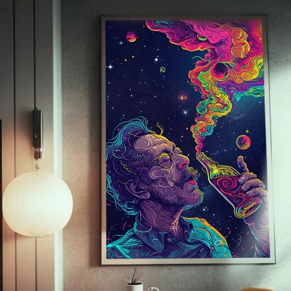 Psychedelic Cosmic Art | LSD-Inspired Poster | Ultrafine Detailed Painting | Vibrant Colors | Alcohol Bottle Imagery | Trippy Wall
