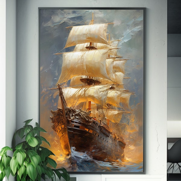 Navire galion doré dans l'océan | Inspiré de Johan Grenier | Art fantastique de style Ivan Aivazovsky | Poster mural marin détaillé