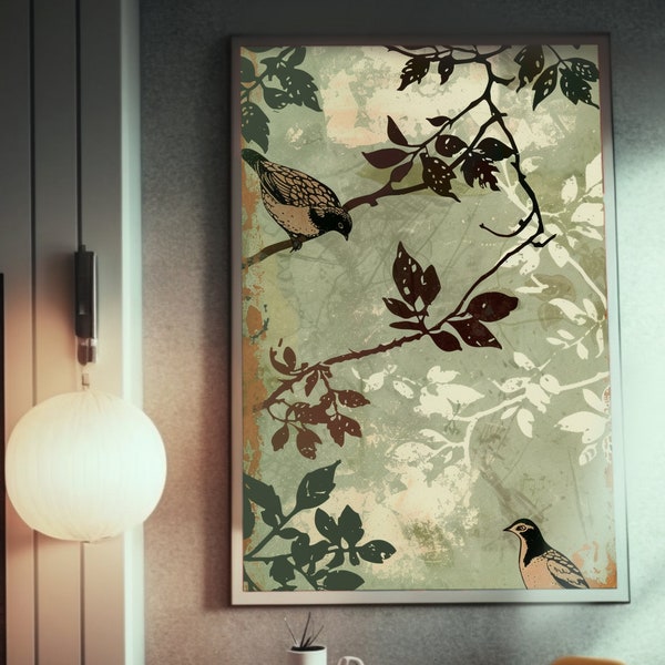 Sérigraphie Oiseaux sur une branche d'arbre | Peinture à l'encre européenne moderne | Couverture du Journal Nature | Thème rossignol | Oeuvre d'art graphique | Mur