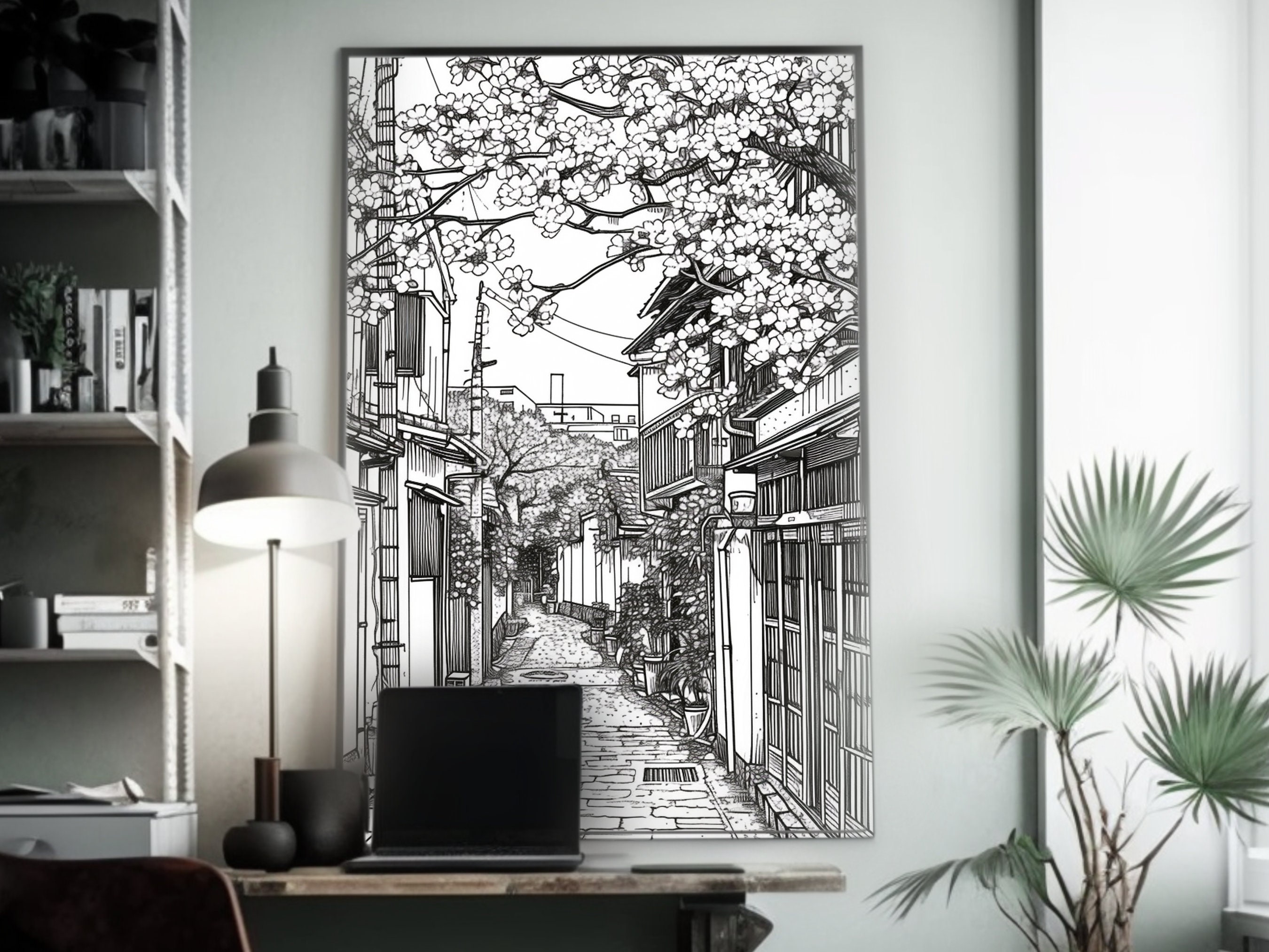 Anime City Street Poster Lineart Design Black & White Art Inspired by ...