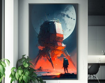 Man & Spaceship Under Full Moon | Space Art Poster | Neil Blevins Inspired | Trending Artstation Style | Sparth, Tuomas Korpi, Wlop