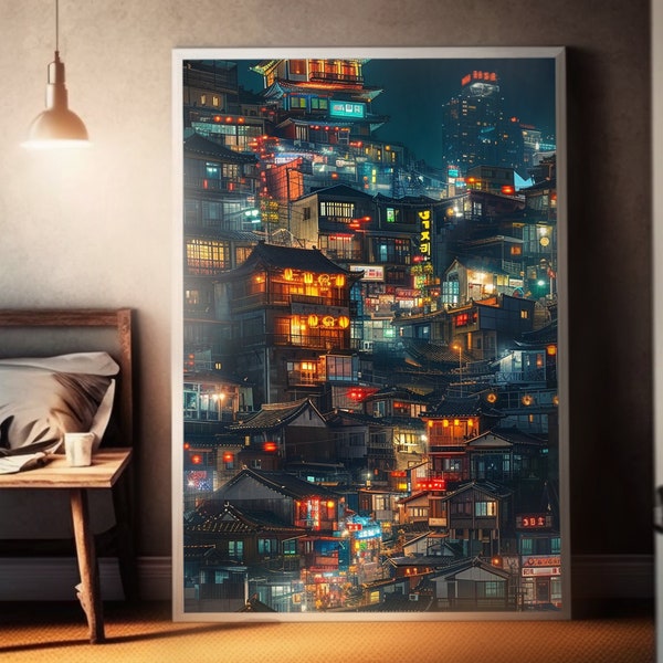 Cityscape Night Poster | Matte Finish Wall Art | Magical Realism | Dreamy Chinese Town | Kowloon Walled City Style | Background Art